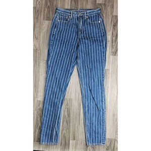 American Eagle Womens Size 0 Long White Blue Striped Denim Mom Jeans
